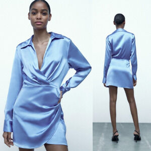 NWT Zara Satin Draped Neck Collar Wrap Mini Dress Light Blue Women's Size Medium